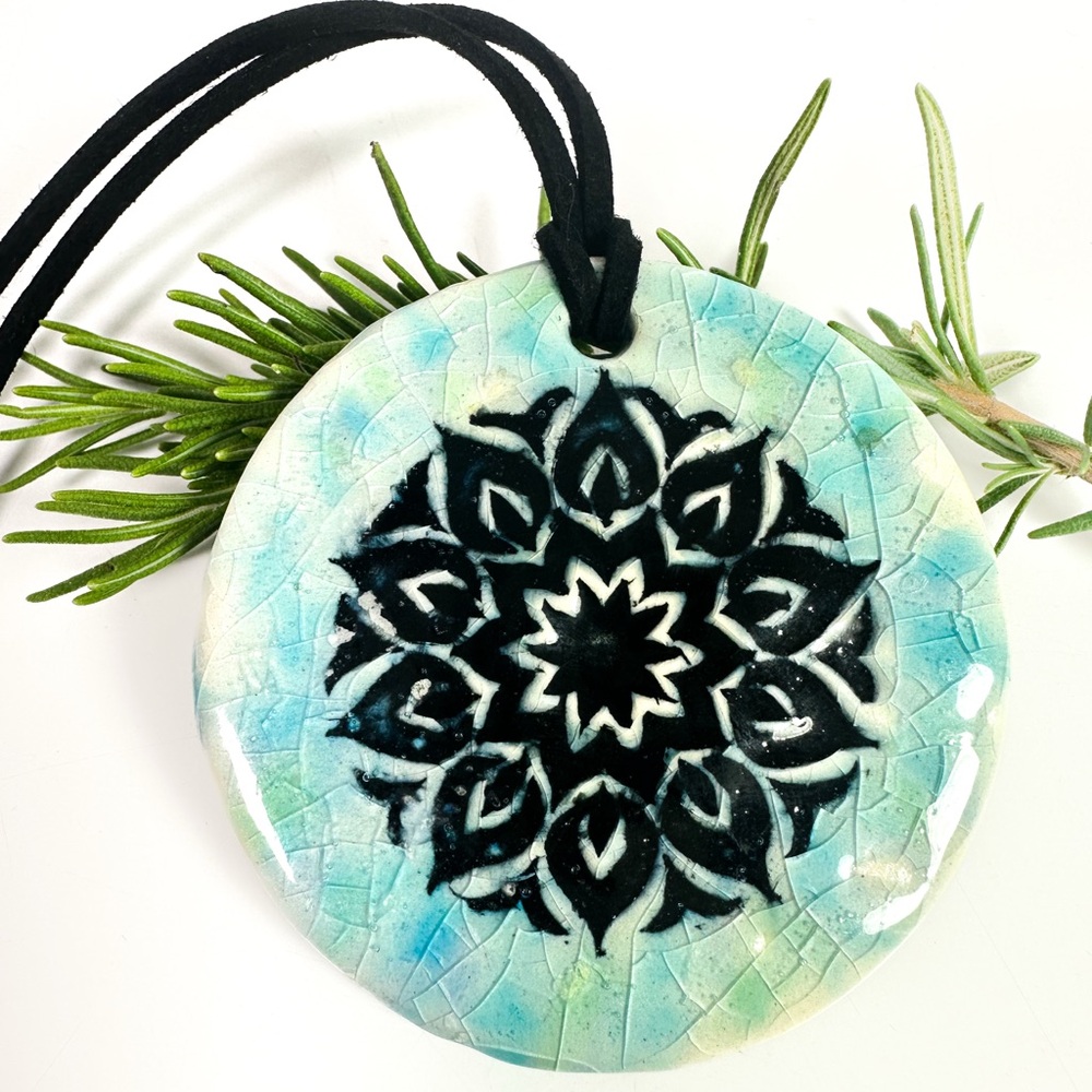 Surly-Ramics Mandala Ceramic Pendant Necklace with Faux Suede Cord NIB
